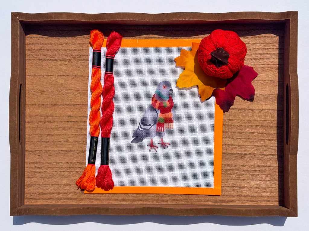 New York City Pigeon in a Fall Scarf printed needlepoint canvas - NeedleLittleStitchCo