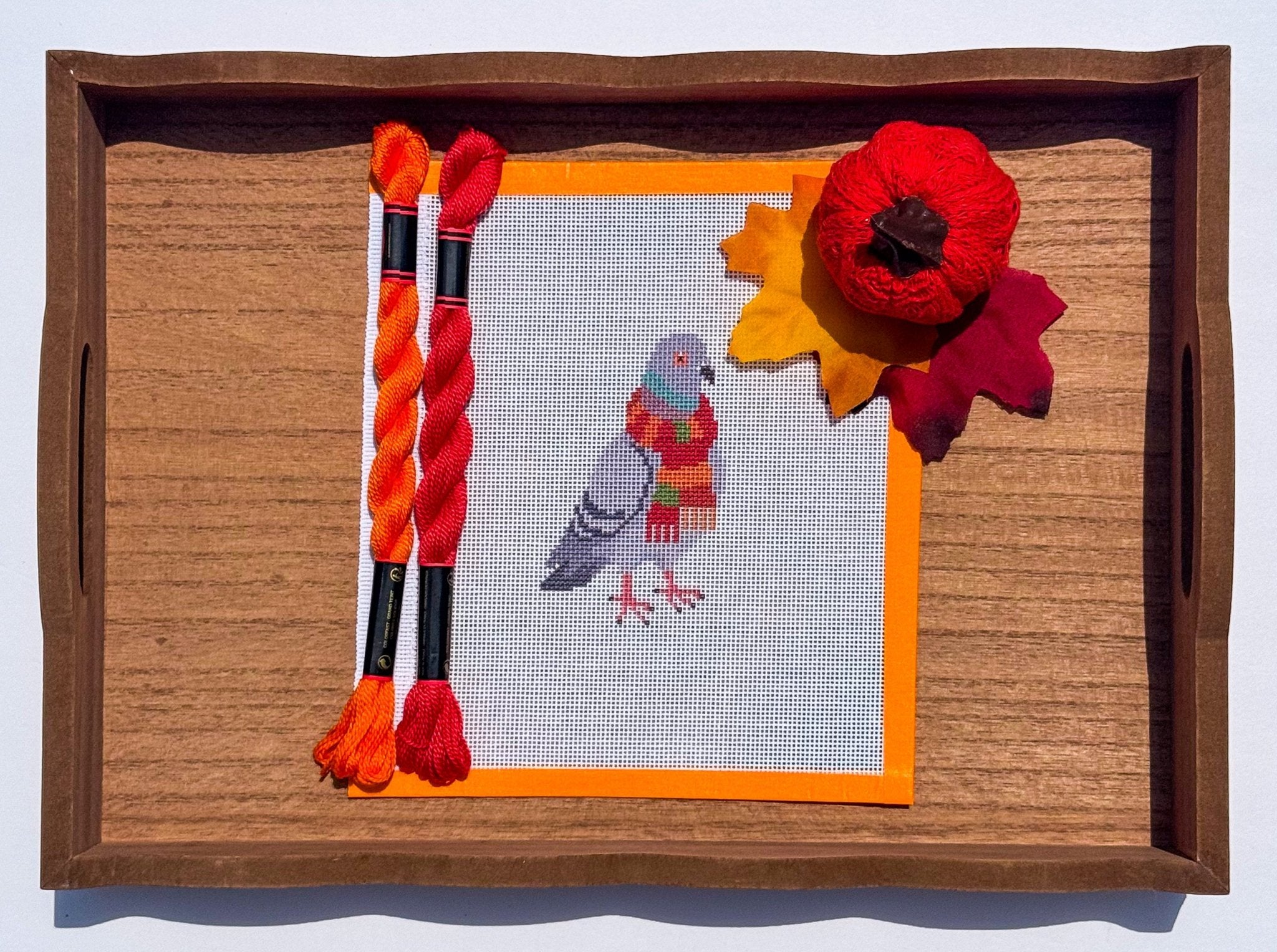 New York City Pigeon in a Fall Scarf printed needlepoint canvas - NeedleLittleStitchCo