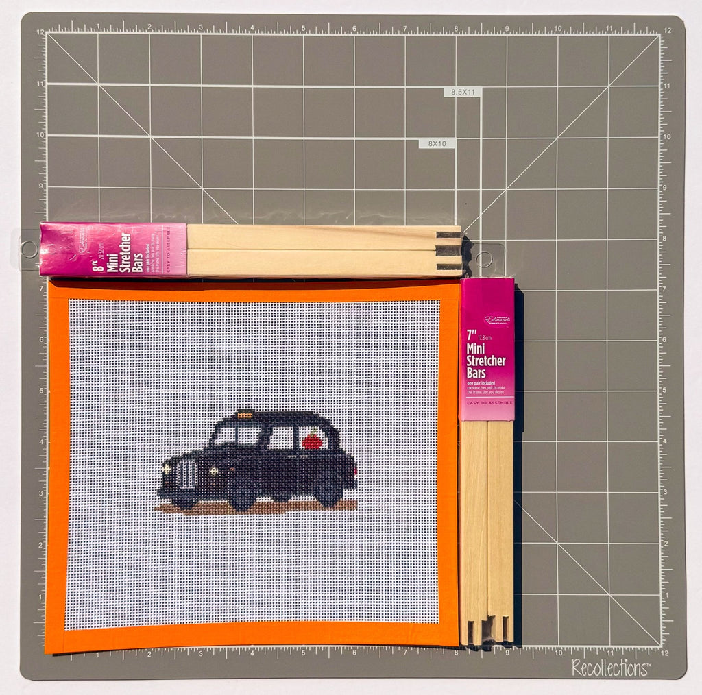 London Taxi Cab with Fall Pumpkin printed needlepoint canvas - NeedleLittleStitchCo