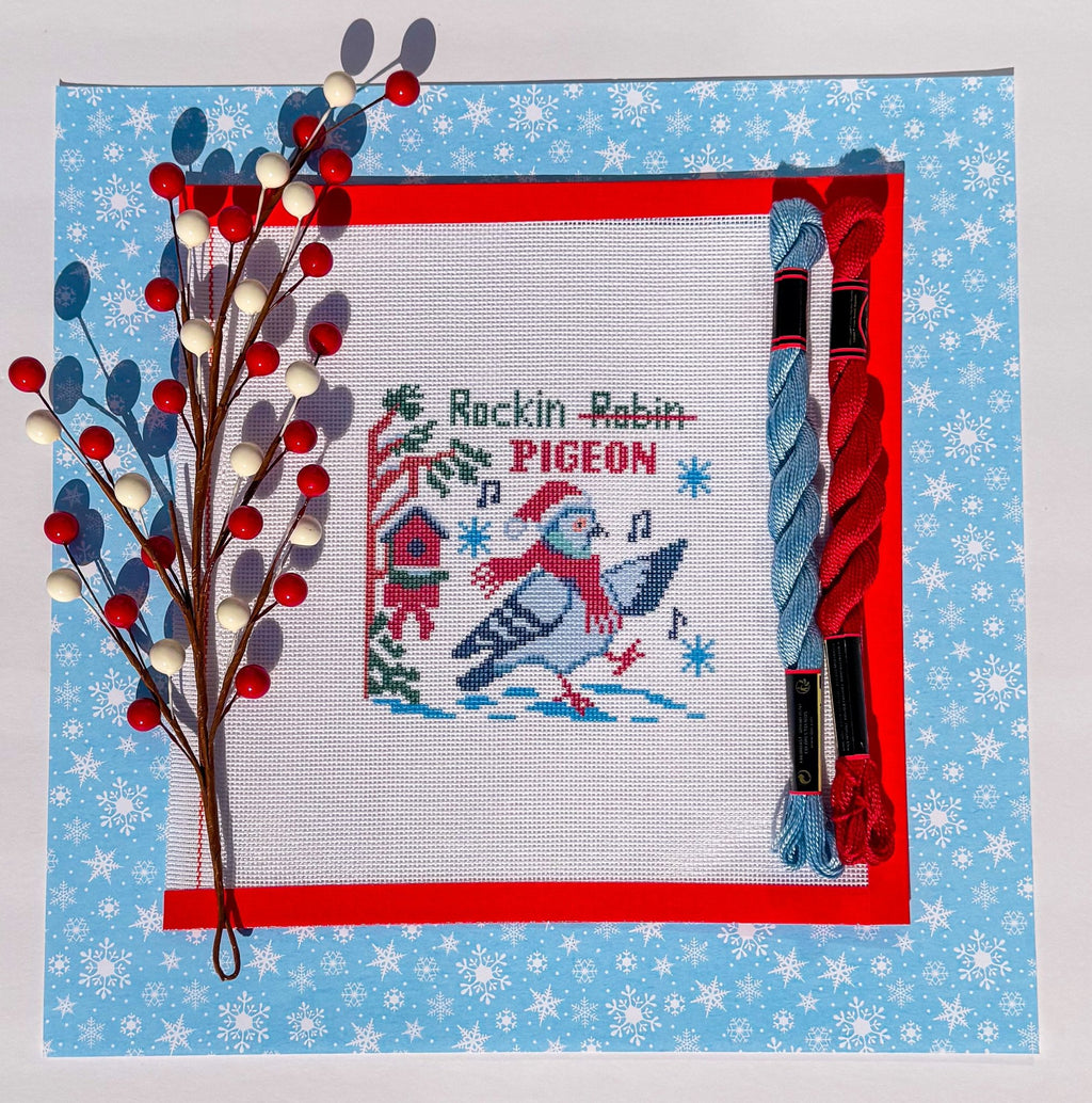 Christmas Rockin Pigeon printed needlepoint canvas - NeedleLittleStitchCo