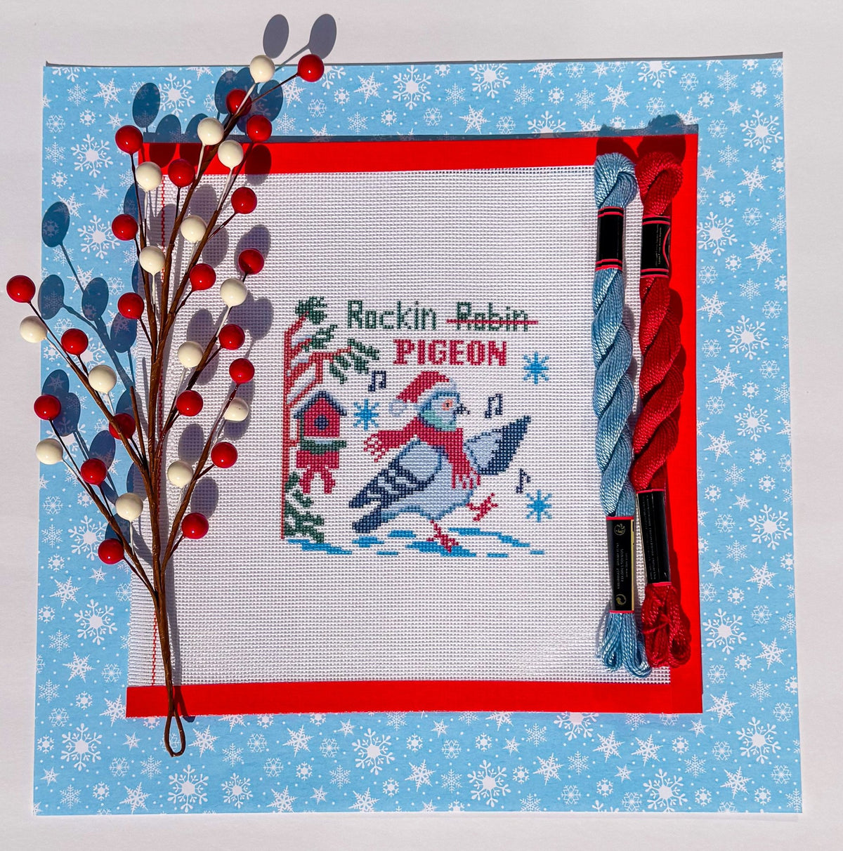 Christmas Rockin Pigeon printed needlepoint canvas - NeedleLittleStitchCo