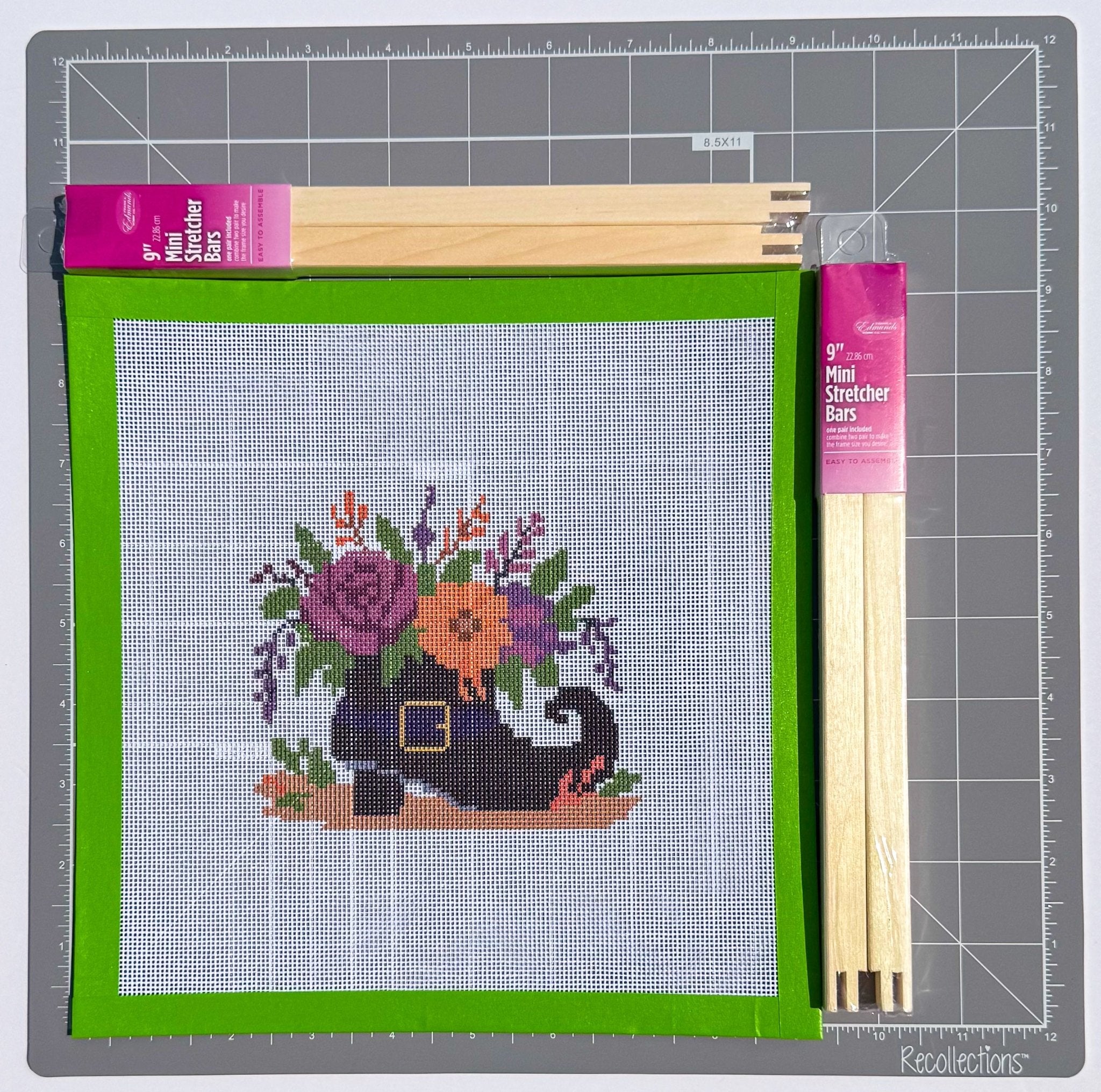 Witches Boot Bouquet printed needlepoint canvas - NeedleLittleStitchCo