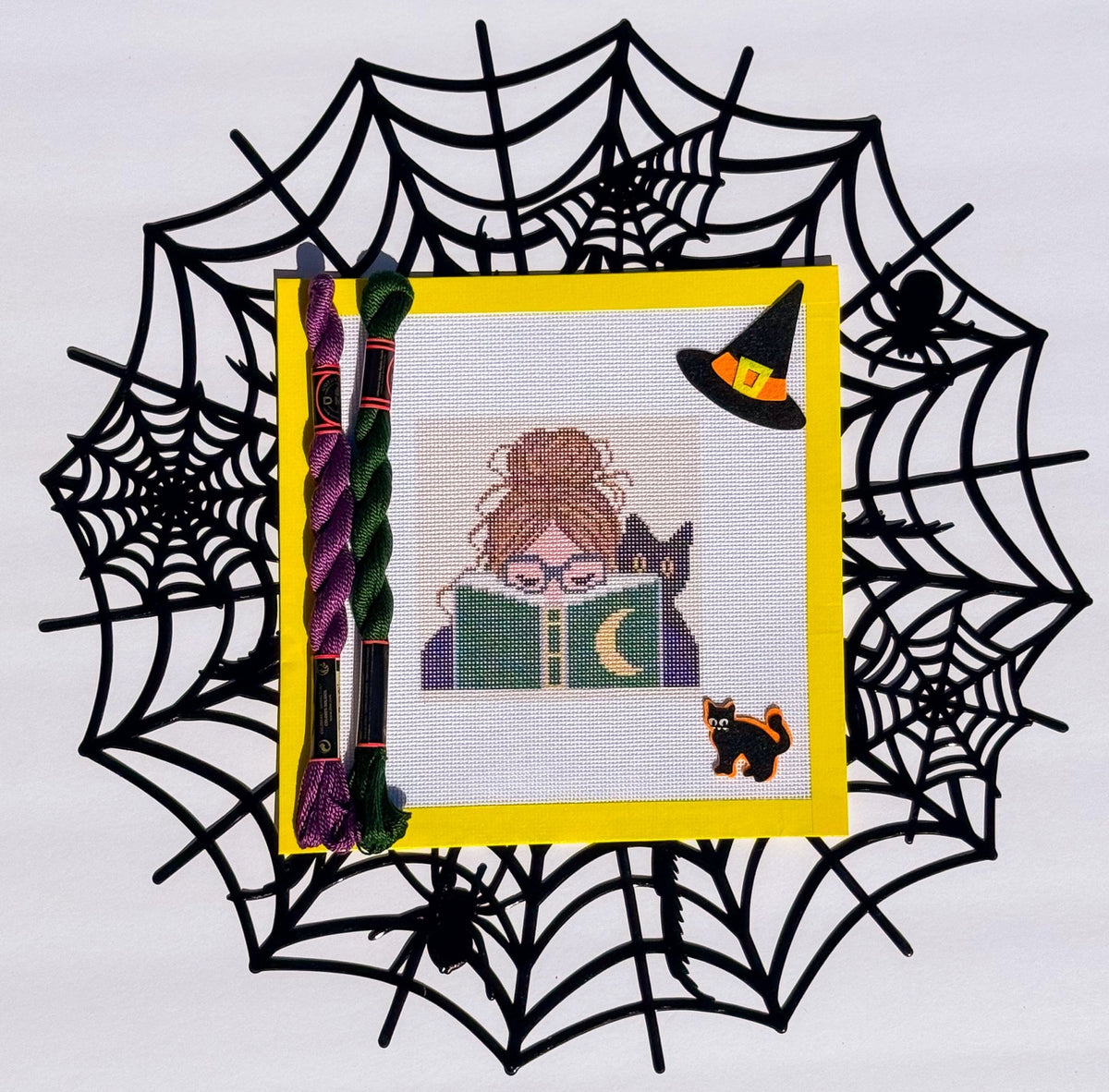 Halloween Reading Witch and Cat printed needlepoint canvas - NeedleLittleStitchCo
