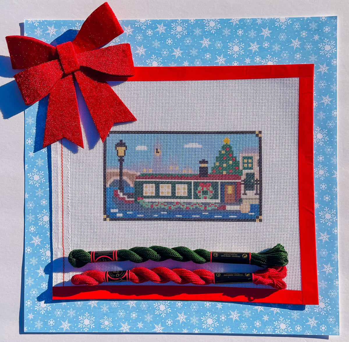 London Christmas Canal Boat printed needlepoint canvas - NeedleLittleStitchCo