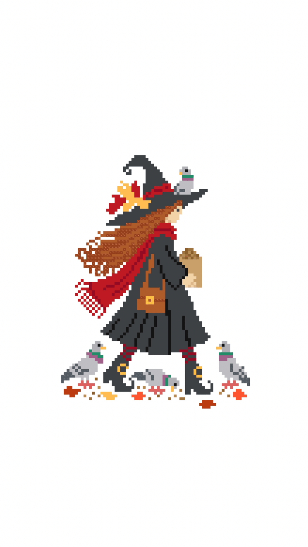Witch with Pigeons printed needlepoint canvas - NeedleLittleStitchCo