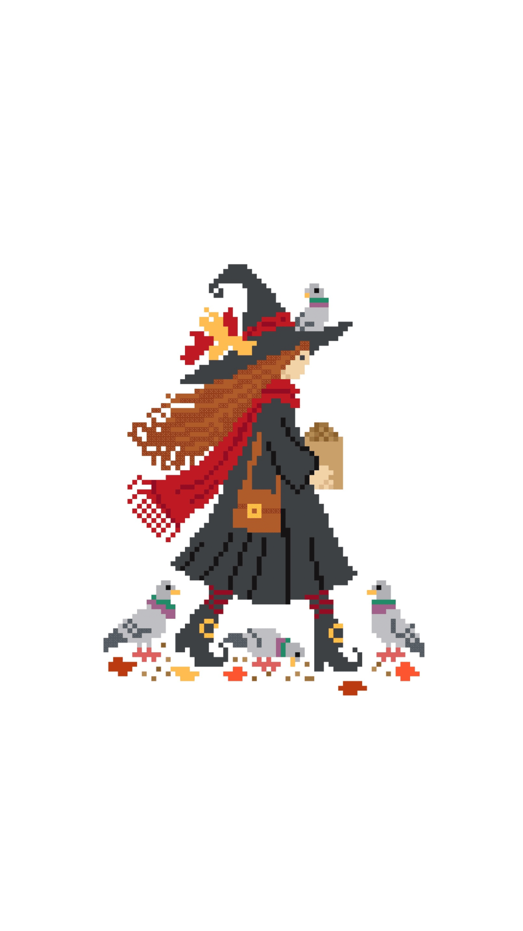 Witch with Pigeons printed needlepoint canvas - NeedleLittleStitchCo