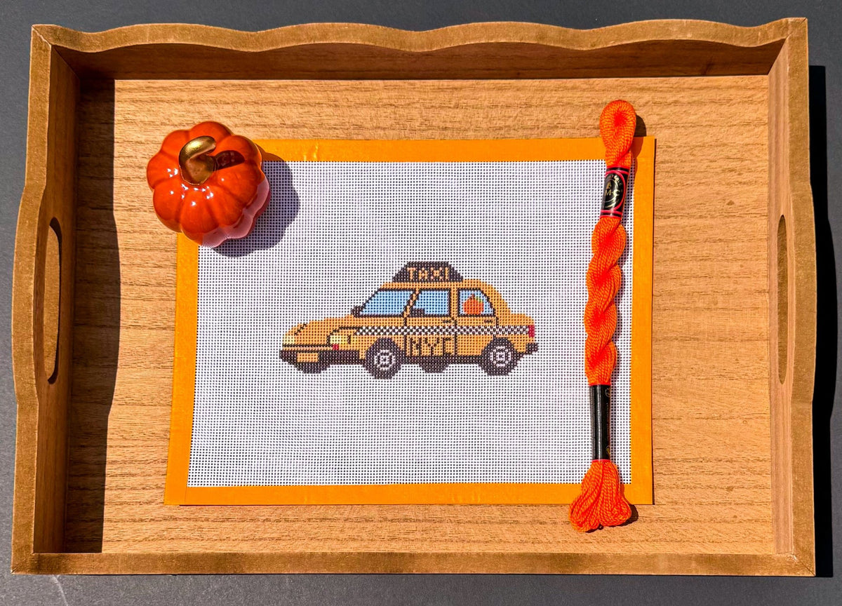 New York City Taxi with Pumpkin printed needlepoint canvas - NeedleLittleStitchCo