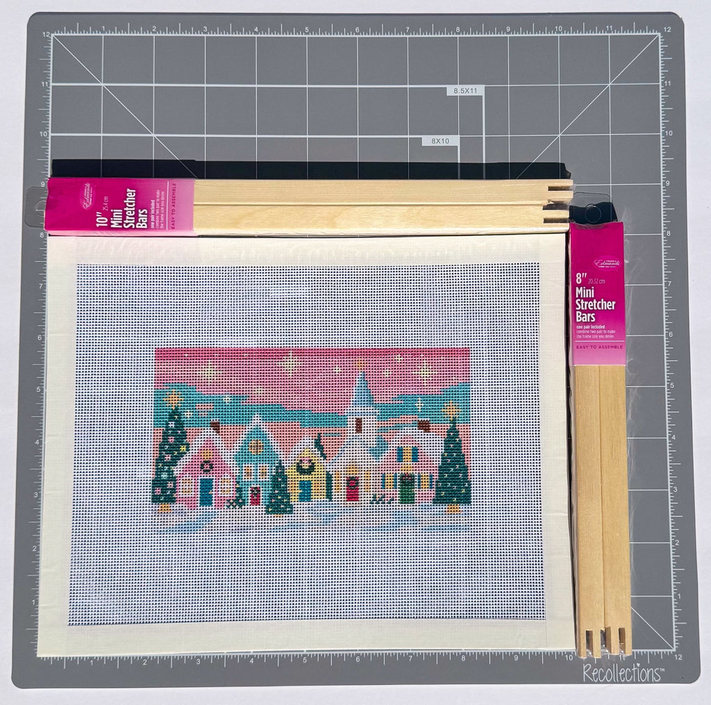 Pastel Christmas Village printed needlepoint canvas - NeedleLittleStitchCo
