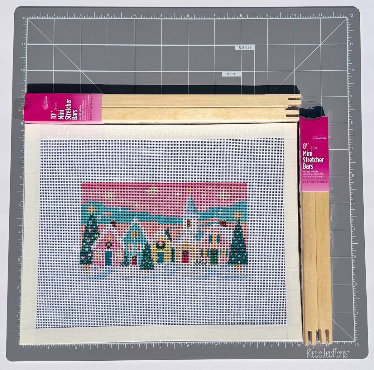 Pastel Christmas Village printed needlepoint canvas - NeedleLittleStitchCo