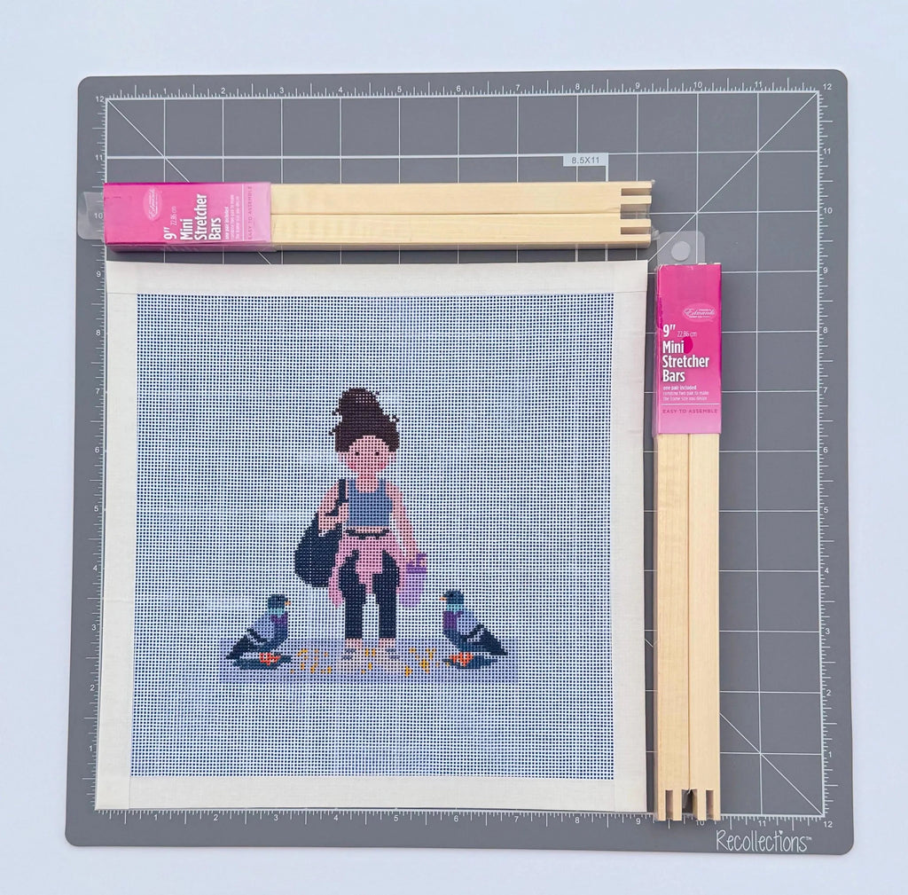 New York City Pigeon Friend in Workout Outfit printed needlepoint canvas - NeedleLittleStitchCo