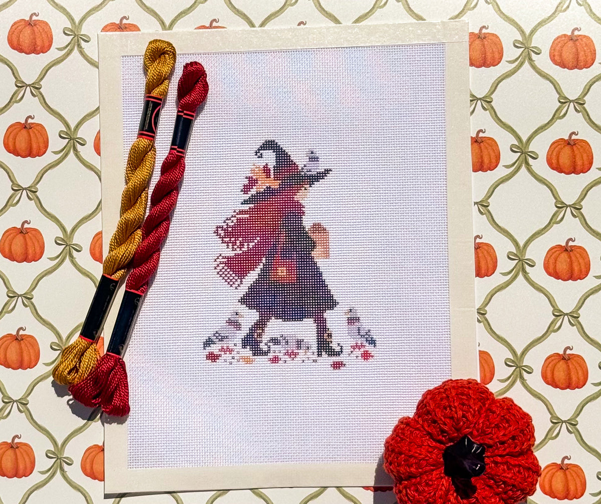 Witch with Pigeons printed needlepoint canvas - NeedleLittleStitchCo
