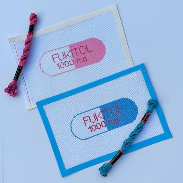 Funny Fukitol Pill Sign printed needlepoint canvas - NeedleLittleStitchCo