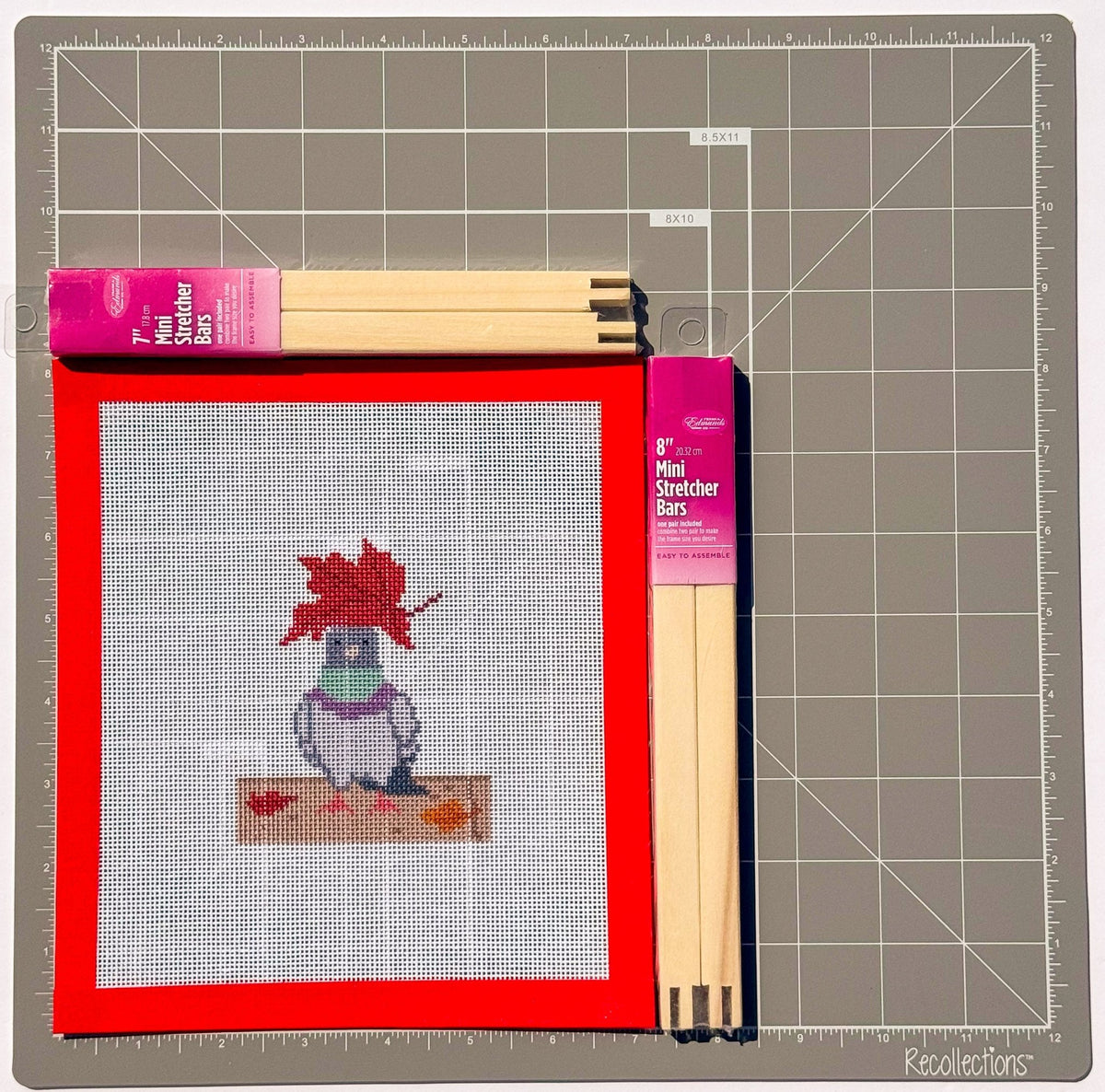 Pigeon with Leaf on Head printed needlepoint canvas - NeedleLittleStitchCo