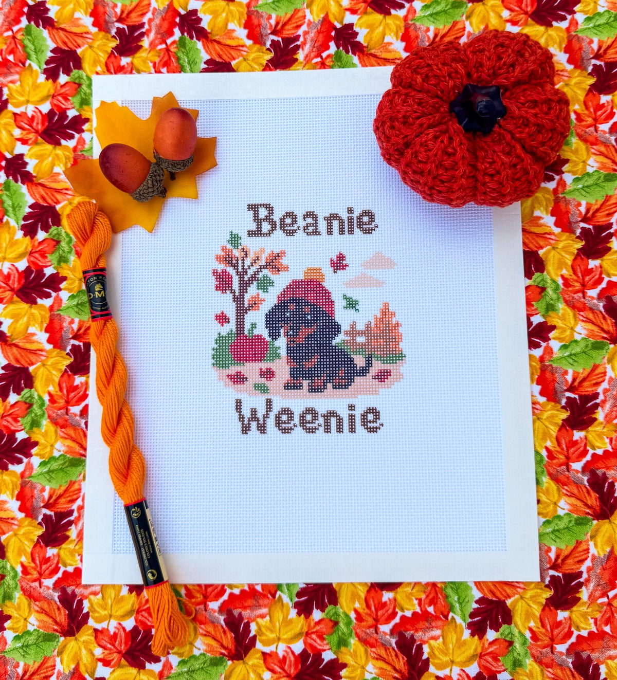 Dachshund Dog in Fall Beanie Hat printed needlepoint canvas - NeedleLittleStitchCo