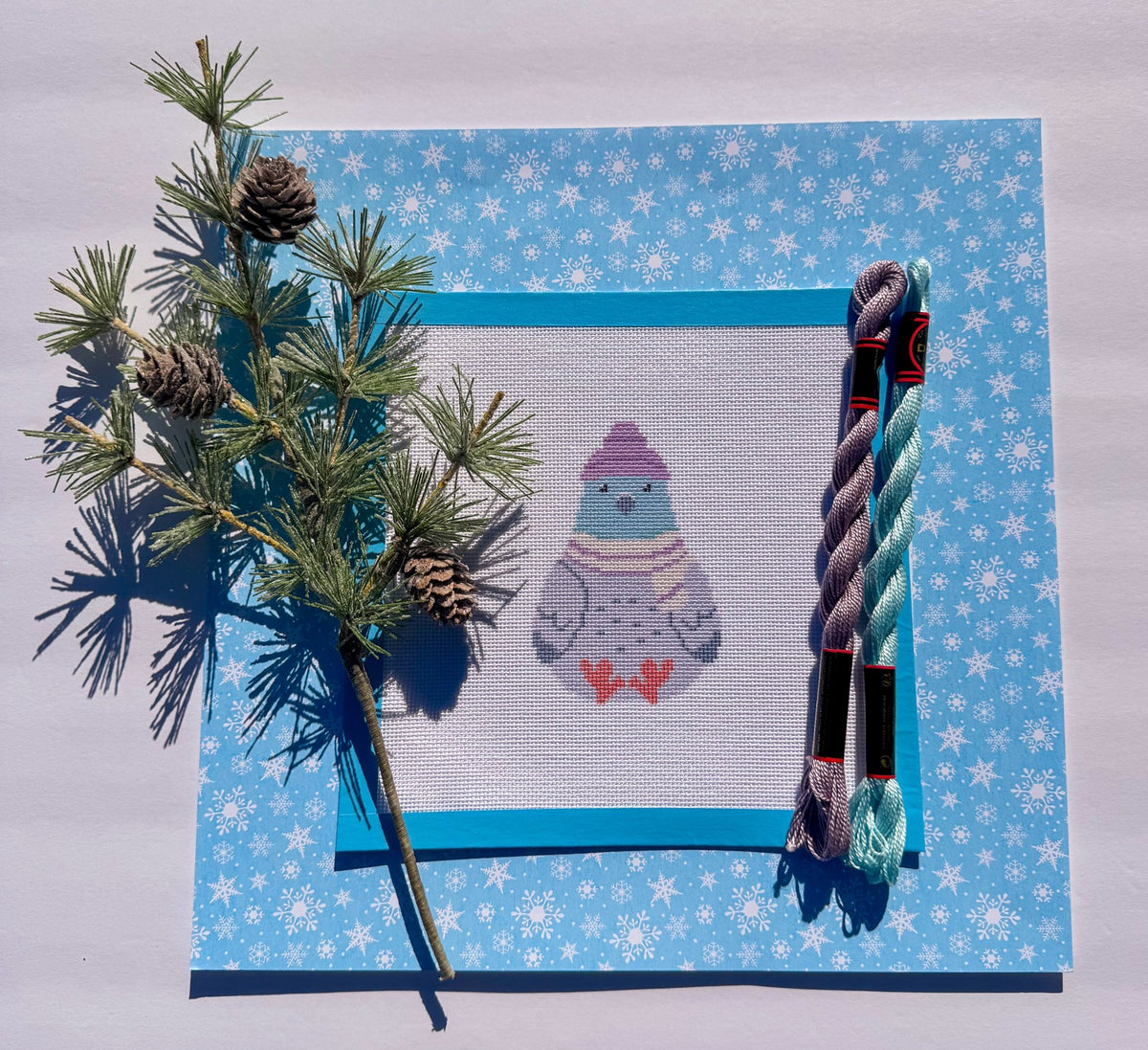 Winter Whimsical Pigeon Plush printed needlepoint canvas - NeedleLittleStitchCo