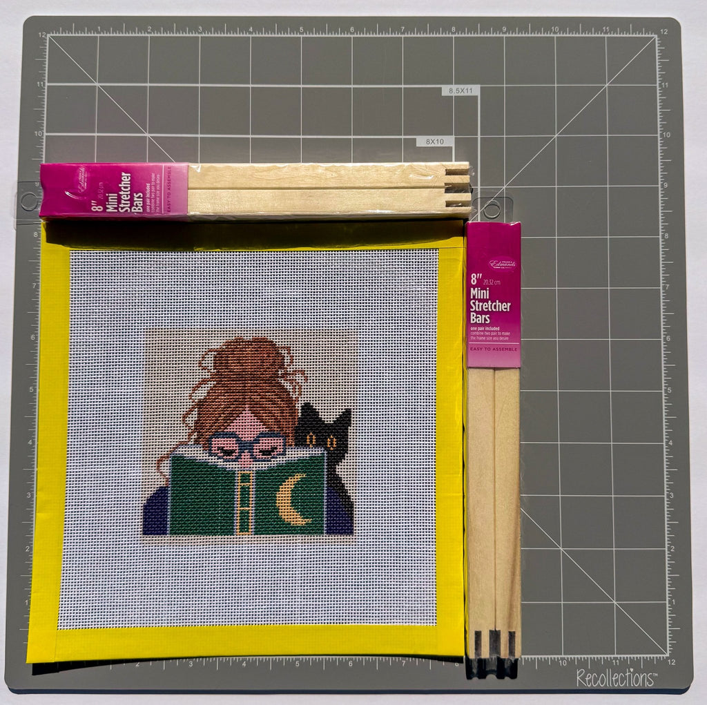 Halloween Reading Witch and Cat printed needlepoint canvas - NeedleLittleStitchCo