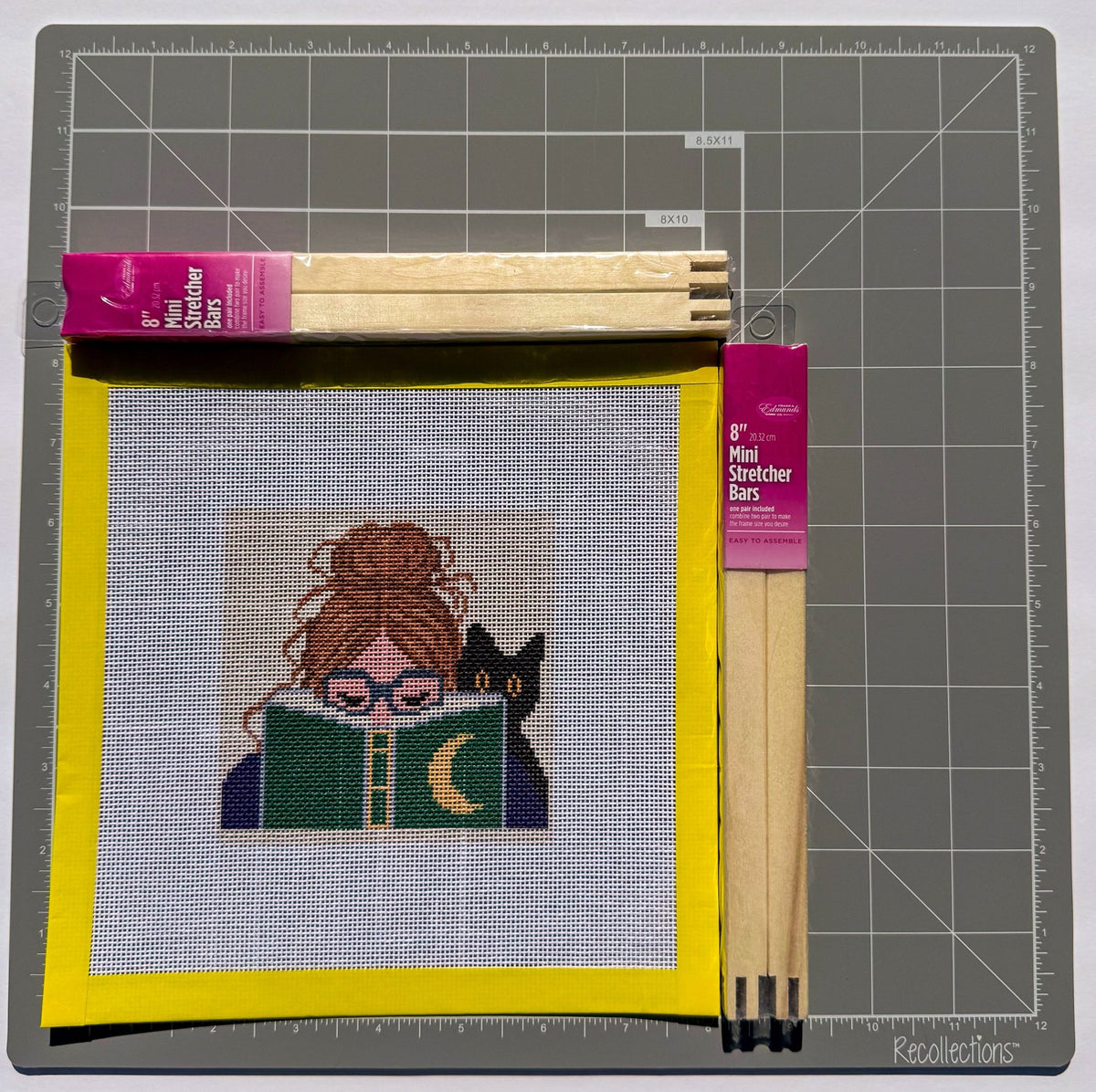 Halloween Reading Witch and Cat printed needlepoint canvas - NeedleLittleStitchCo