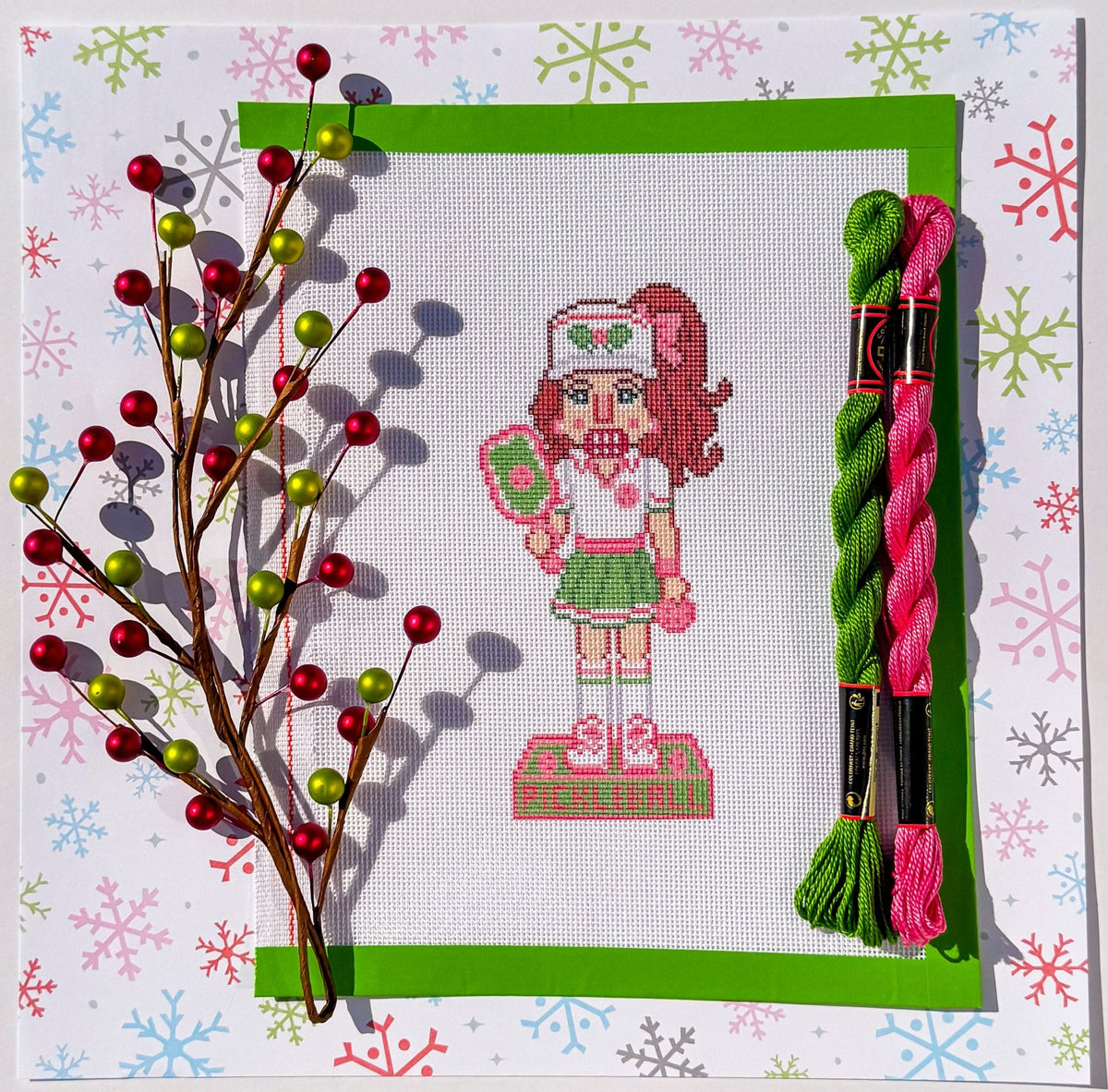 Christmas Pickleball Girl Nutcracker printed needlepoint canvas - NeedleLittleStitchCo