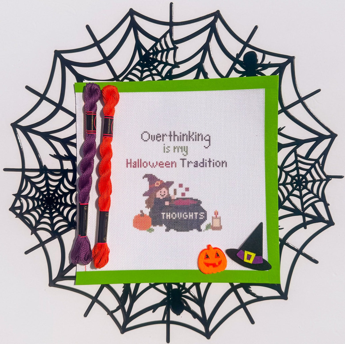 Overthinking Halloween Witch printed needlepoint canvas - NeedleLittleStitchCo