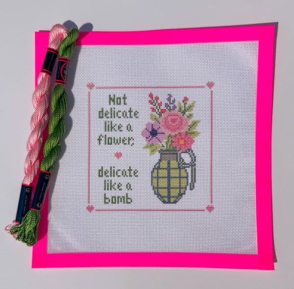 Not Delicate Like a Flower, Delicate Like a Bomb printed needlepoint canvas - NeedleLittleStitchCo

